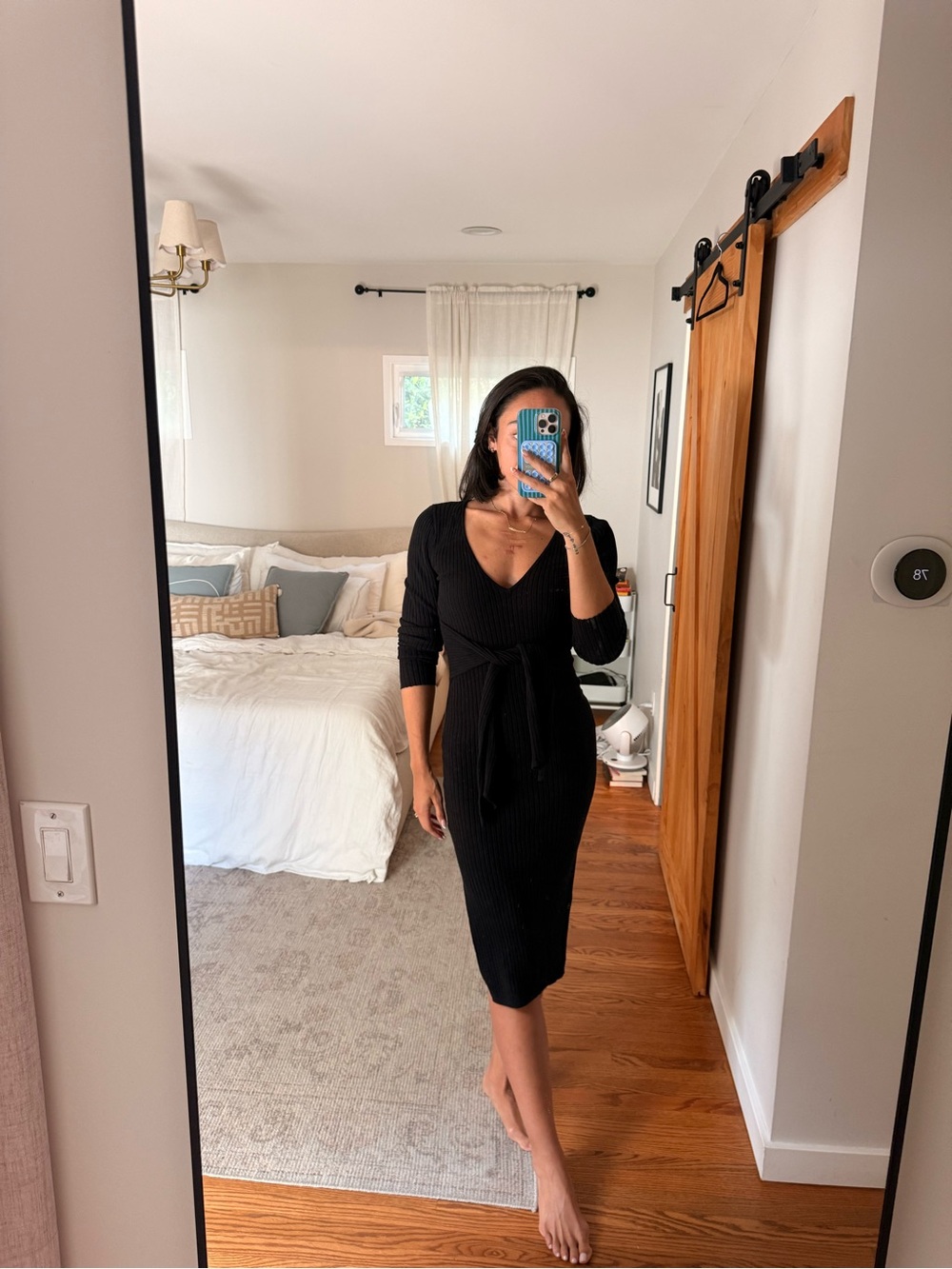 Good American Black Ribbed V-Neck Midi Dress with Waist Tie